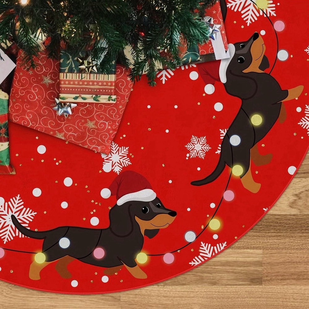 Dachshund Doxie Christmas Tree Skirt Dog Santa Hat Funny Tree Mat Red 48 inch